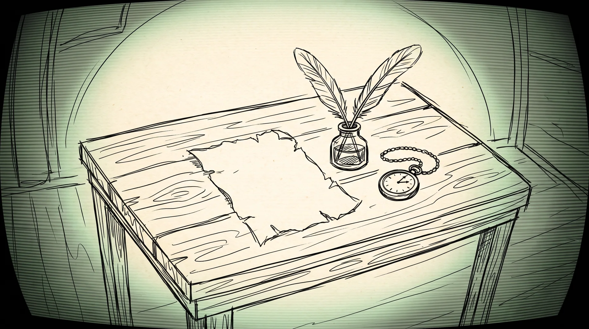 The waystation desk: two quills, open parchment, pocket watch, inkwell