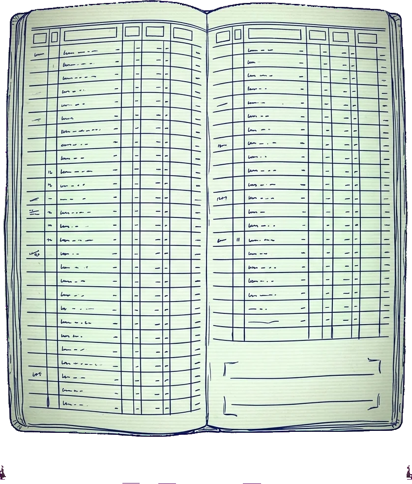 Ledger page with transaction lines, margin notes and two signature blocks